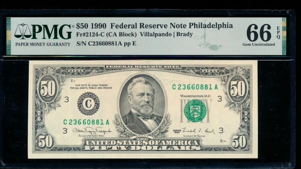 1990 $50 Philadelphia FRN PMG 66EPQ: One 1990 $50 Philadelphia FRN PMG 66EPQ.