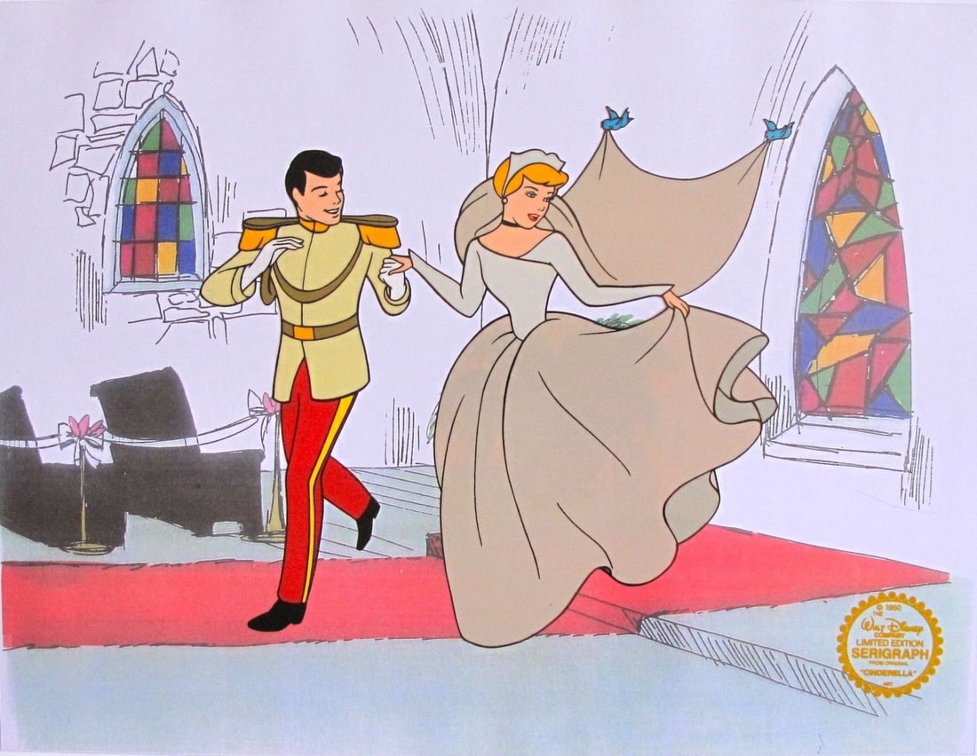 Disney CINDERELLA & PRINCE Sericel Serigraph Cel Animation Art: This is a GENUINE Disney Limited Edition Serigraph Cel of the Wedding of CINDERELLA and the PRINCE . From 1950 Walt Disney Studios. Disneys own artists have selected this scene from the original anima