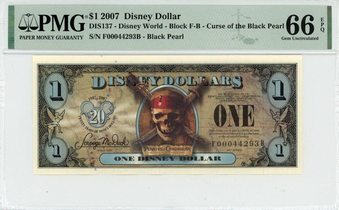 2007 $1 Curse of the Black Pearl Disney Dollar PMG 66EPQ: One 2007 $1 Curse of the Black Pearl Disney Dollar PMG 66EPQ.