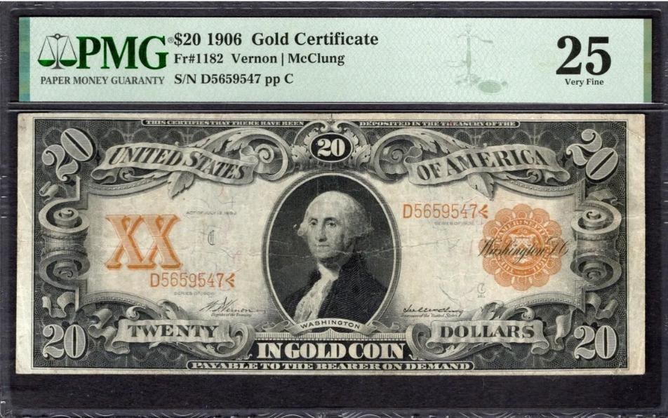 1906 $20 Gold Certificate PMG 25: One 1906 $20 Gold Certificate PMG 25.