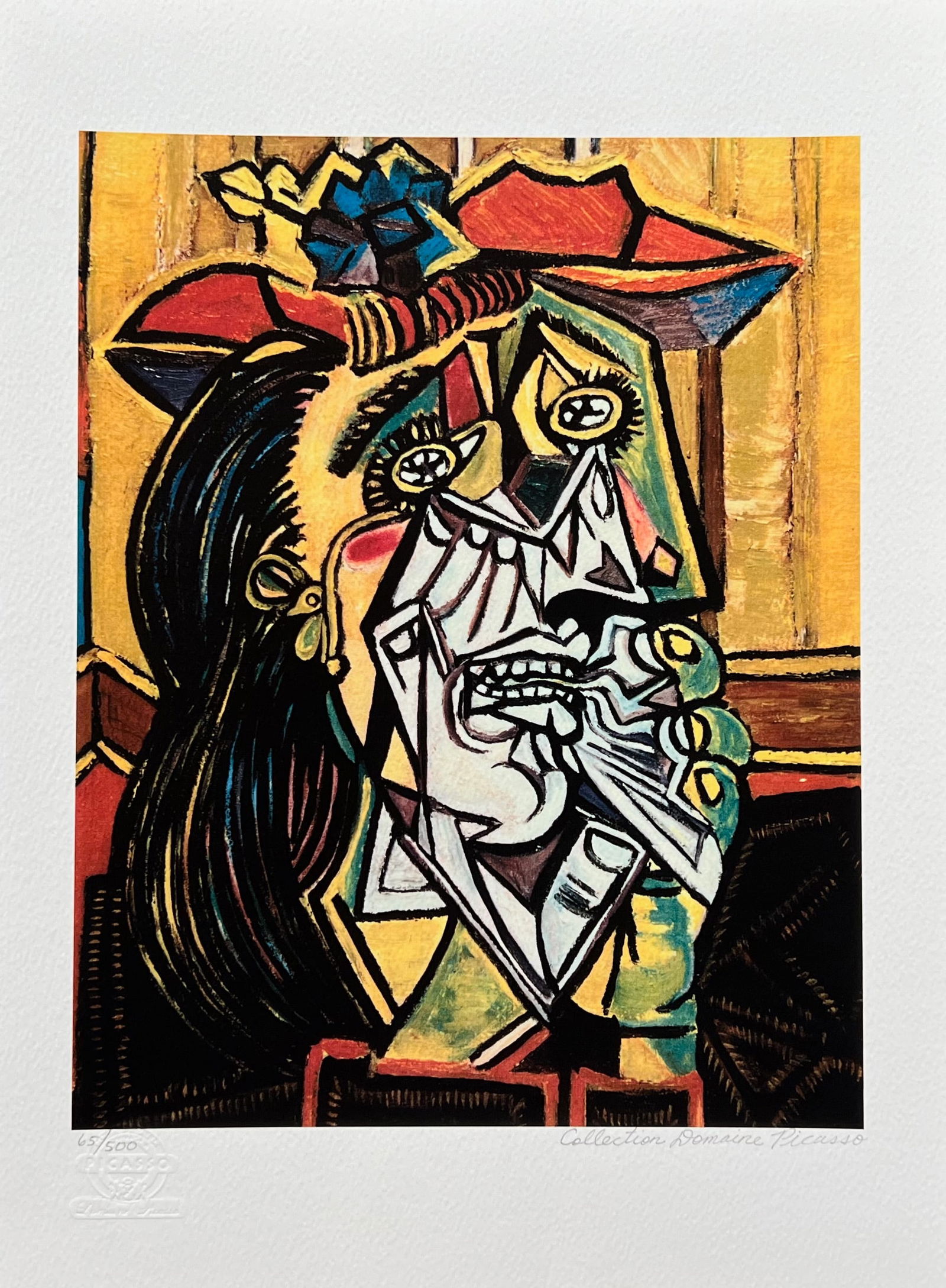 Pablo Picasso WEEPING WOMAN WITH HAT Estate Signed Limited Edition Giclee: This is a PABLO PICASSO (ESTATE COLLECTION DOMAINE) (1881-1973) small giclee titled WEEPING WOMAN WITH HAT. This piece is pencil signed on the lower right as Collection Domaine Picasso and has an
