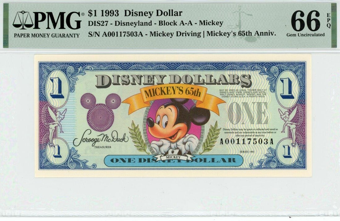 1993 $1 Mickey 65th Anniversary Disney Dollar PMG 66EPQ: One 1993 $1 Mickey 65th Anniversary Disney Dollar PMG 66EPQ.