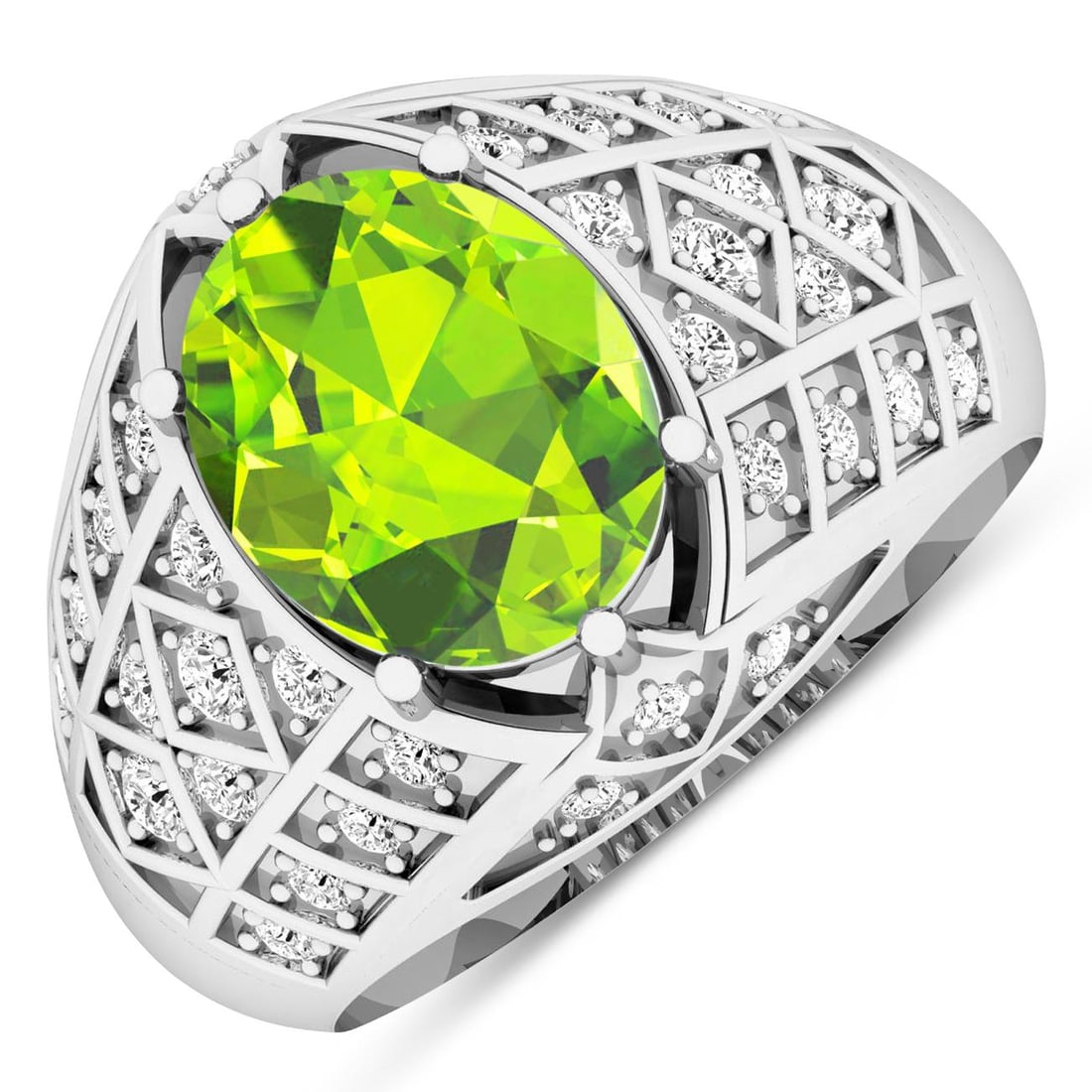14KT White Gold 2.3ctw Peridot and Diamond Ring: Peridot Oval 10x8mm - 1Pc + White Diamond F/C Round 1.80mm - 4Pcs + White Diamond F/C Round 1.50mm - 8Pcs + White Diamond F/C Round 1.30mm - 16Pcs + White Diamond F/C Round 1.20mm - 6Pcs ( SI-2/HI ) T