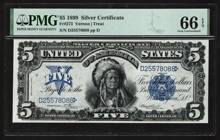 1899 $5 Chief Silver Certificate PMG 66EPQ: One 1899 $5 Chief Silver Certificate PMG 66EPQ.