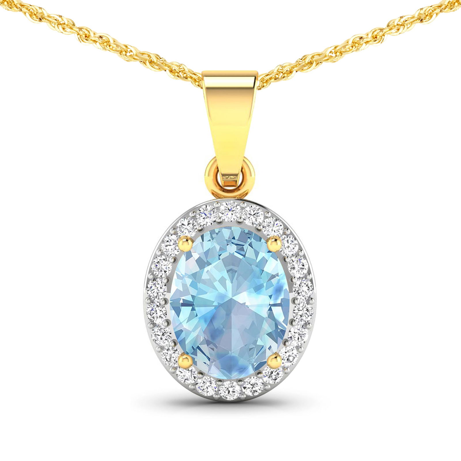 14KT Yellow Gold 1.4ctw Aquamarine and Diamond Pendant: Aquamarine Oval 9x7mm - 1Pc + White Diamond F/C Round 1.30mm - 22Pcs (I1-I2/I color) Total weight of gemstone is 1.4cts. Total Diamond weight is 0.22cts. Total weight of this pendant is 1.62 grams.