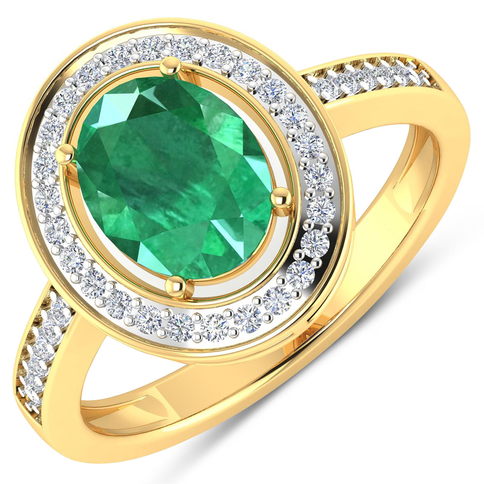 14KT Yellow Gold 1.53ctw Zambian Emerald and Diamond Ring: Zambian Emerald (AA) Oval 9x7mm - 1Pc + White Diamond F/C Round 1.10mm - 26Pcs + White Diamond F/C Round 1.00mm - 12Pcs ( White Pan Rhodium ) (I1-I2/I color) Total weight of gemstone is 1.53cts.