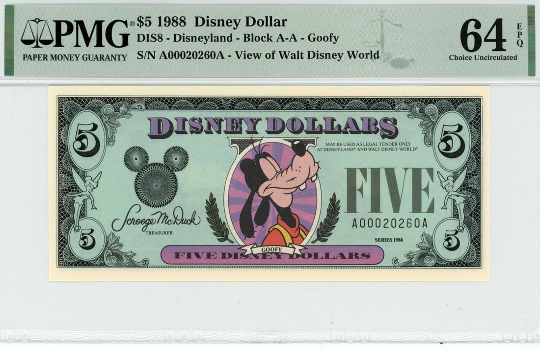 1988 $5 Goofy Disney Dollar PMG 64EPQ: One 1988 $5 Goofy Disney Dollar PMG 64EPQ.