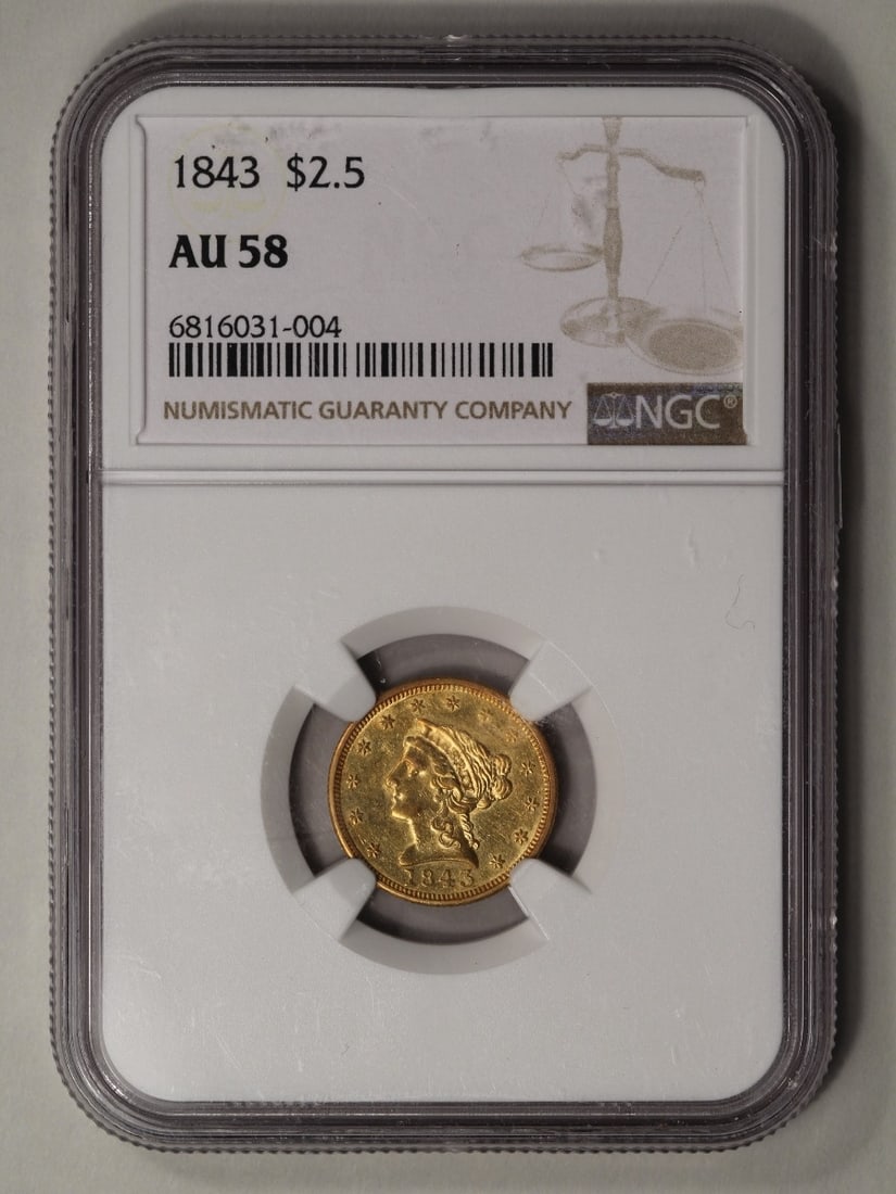 1843 $2.5 Liberty Head Quarter Eagle Gold Coin NGC AU58: One 1843 $2.5 Liberty Head Quarter Eagle Gold Coin NGC AU58.