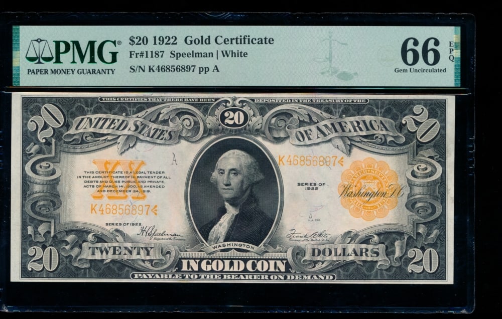 1922 $20 Gold Certificate PMG 66EPQ: One 1922 $20 Gold Certificate PMG 66EPQ.
