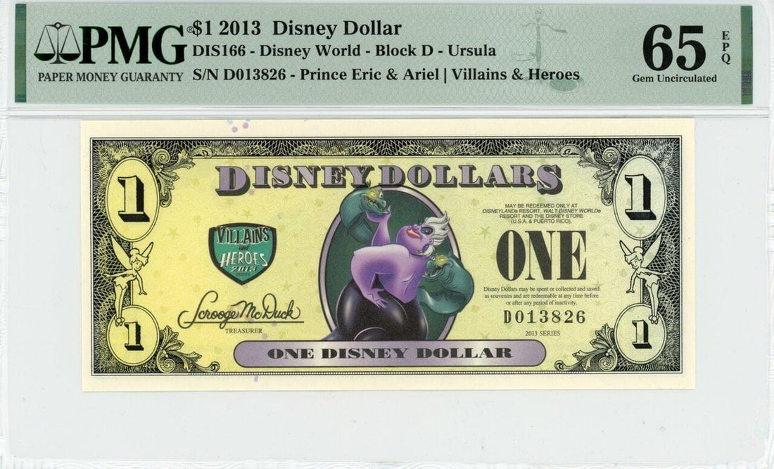 2013 $1 Ursula Disney Dollar PMG 65EPQ: One 2013 $1 Ursula Disney Dollar PMG 65EPQ.