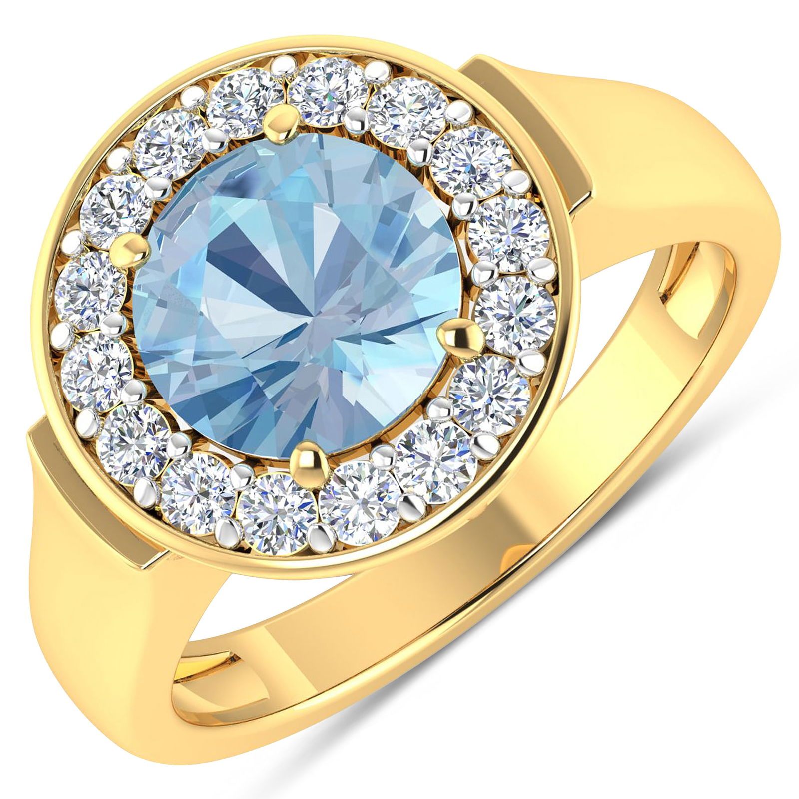 14KT Yellow Gold 1.9ct Aquamarine and Diamond Ring: Aquamarine (AA+) Round 8.00mm - 1Pc + White Diamond F/C Round 2.00mm - 16Pcs ( White Pan Rhodium ) ( Diamond Quality : SI-2/HI ). Total weight of gemstone is 1.9cts. Total weight of Diamonds is