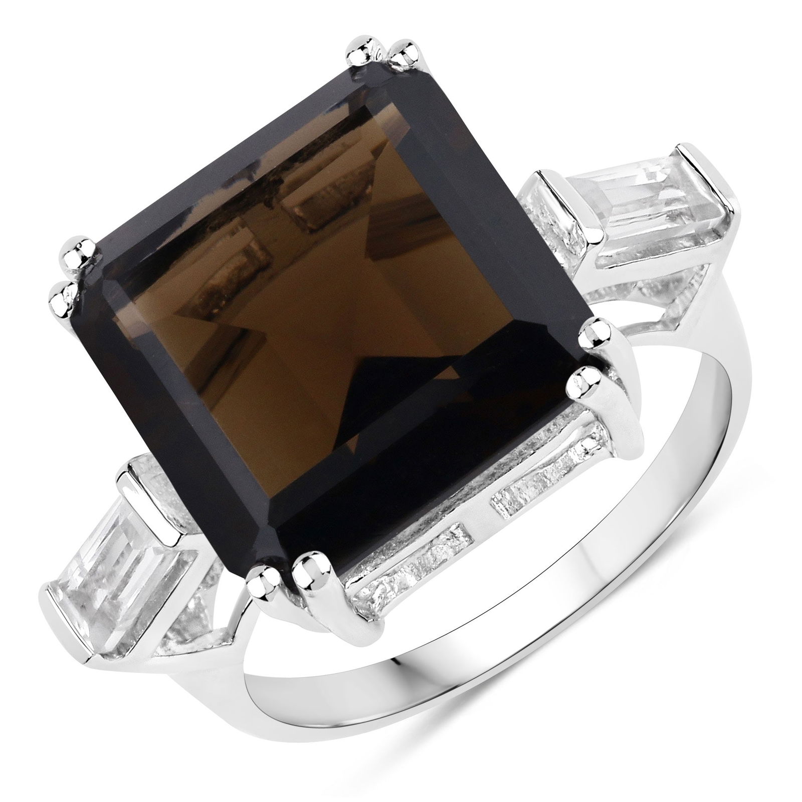 Plated Rhodium 8.80ctw Smokey Quartz and White Topaz Ring: This rhodium?plated .925 sterling silver three?stone ring showcases a bold 8.80 ctw of natural gemstones, led by a striking 13 mm octagon?cut smoky quartz weighing 8.20 ctw with rich, warm brown