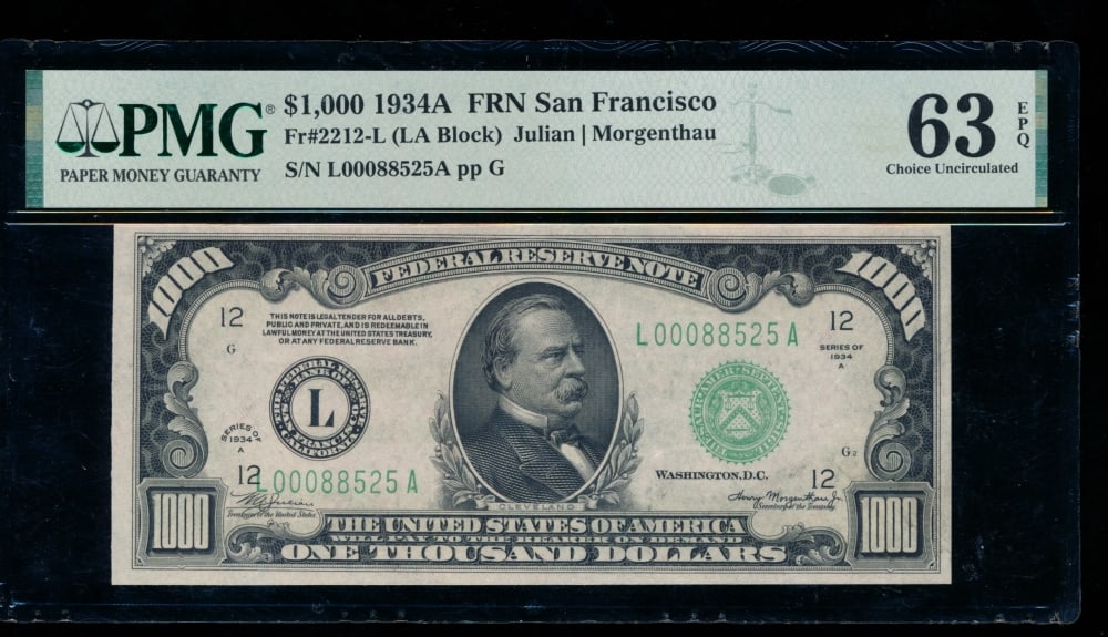 1934A $1000 San Francisco FRN PMG 63EPQ: One 1934A $1000 San Francisco FRN PMG 63EPQ.