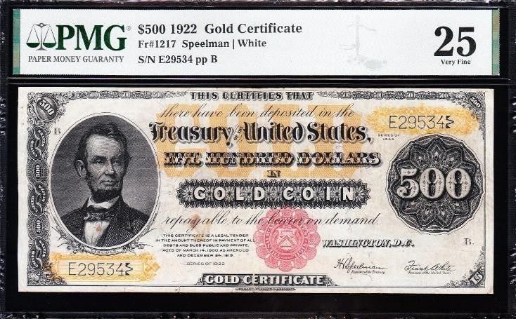 1922 $500 Gold Certificate PMG 25: One 1922 $500 Gold Certificate PMG 25.