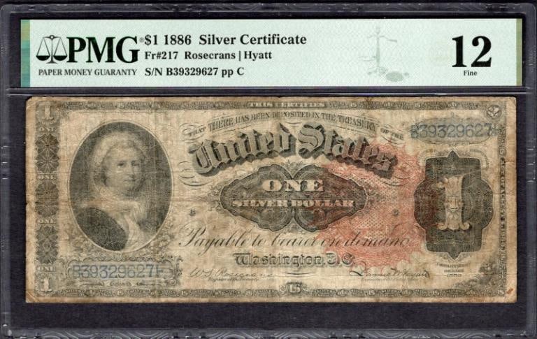 1886 $1 Martha Washington Silver Certificate PMG 12: One 1886 $1 Martha Washington Silver Certificate PMG 12.