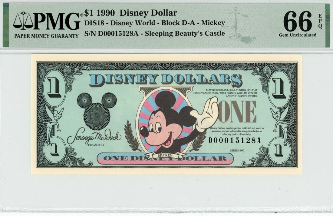 1990 $1 Mickey Disney Dollar PMG 66EPQ: One 1990 $1 Mickey Disney Dollar PMG 66EPQ.