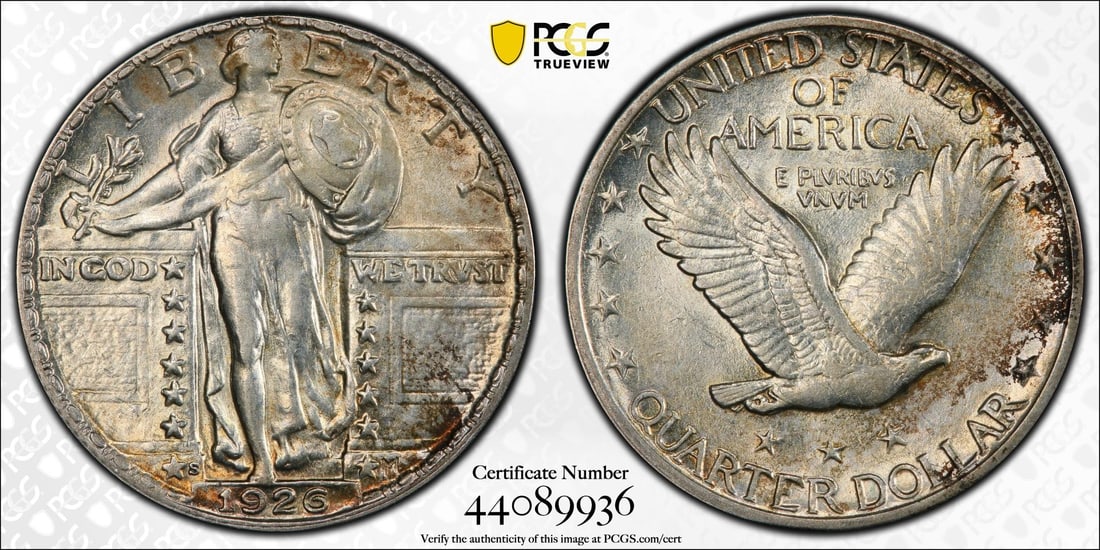 1926-S Standing Liberty Quarter PCGS AU55: One 1926-S Standing Liberty Quarter PCGS AU55.