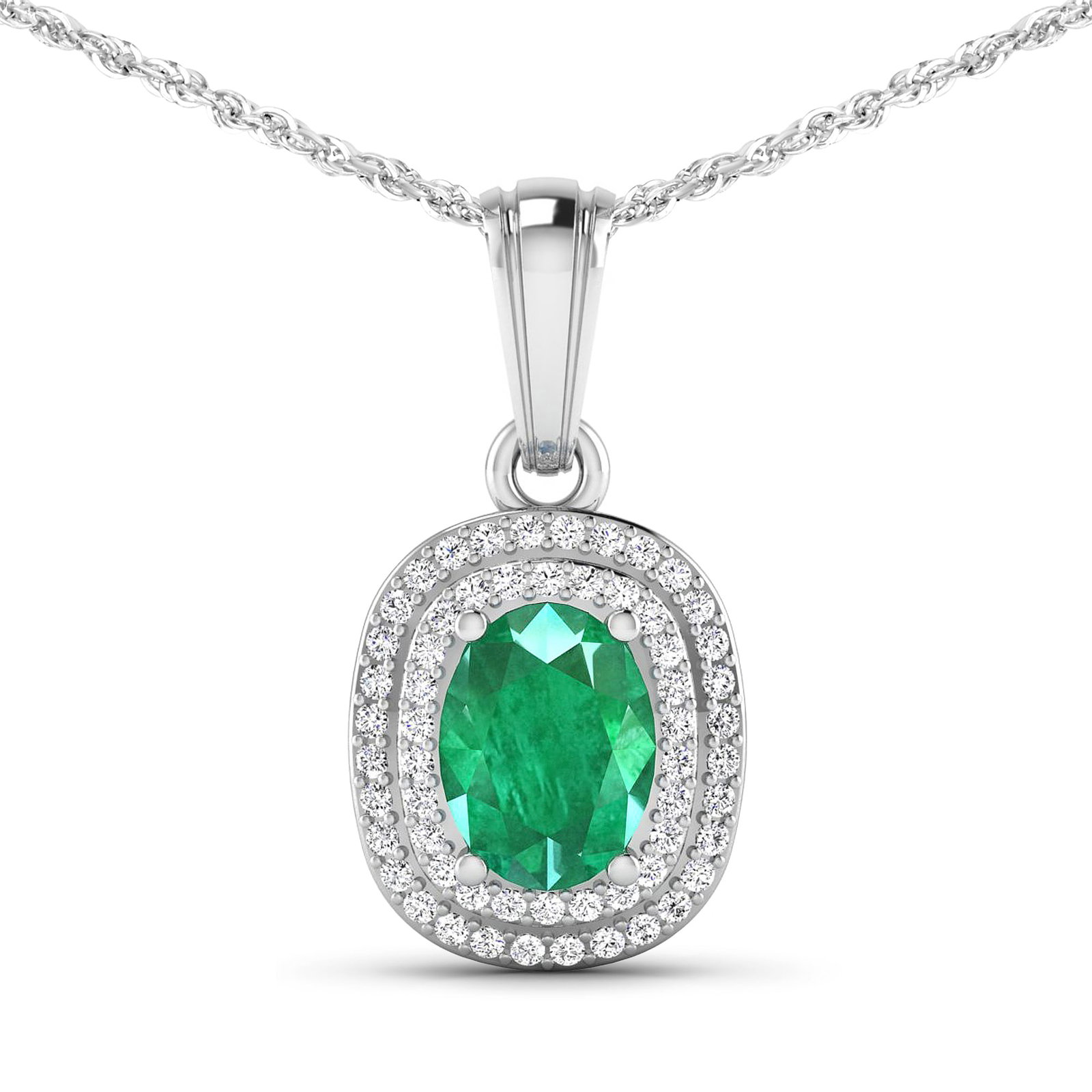 14KT White Gold 1.00ct Emerald and Diamond Pendant with Chain: (1) Oval Zambian Emerald stone with a total weight of 1.00ct. (58) round Diamonds with a total weight of 0.26cts with a color of (i) and a clarity of i1-i2. Total weight of this pendant with chain is
