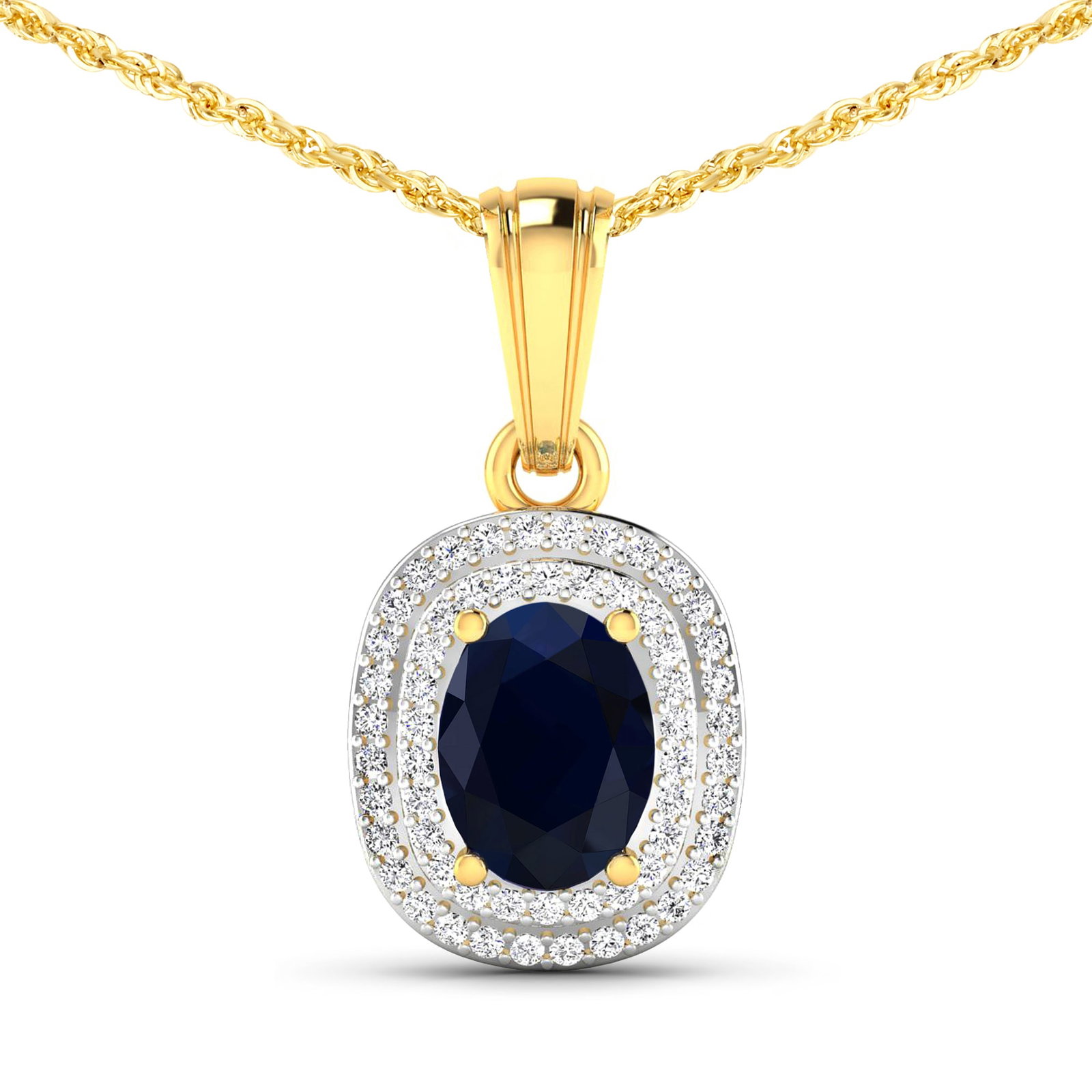 14KT Yellow Gold 1.3ct Blue Sapphire and Diamond Pendant with Chain: (1) Oval Blue Sapphire stone with a total weight of 1.30cts. (58) round Diamonds with a total weight of 0.26cts with a color of (i) and a clarity of i1-i2. Total weight of this pendant with chain is 2