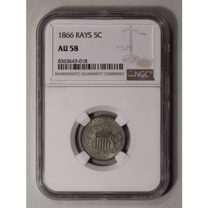 1866 Rays Shield 5C NGC AU58: One 1866 Rays Shield 5C NGC AU58.
