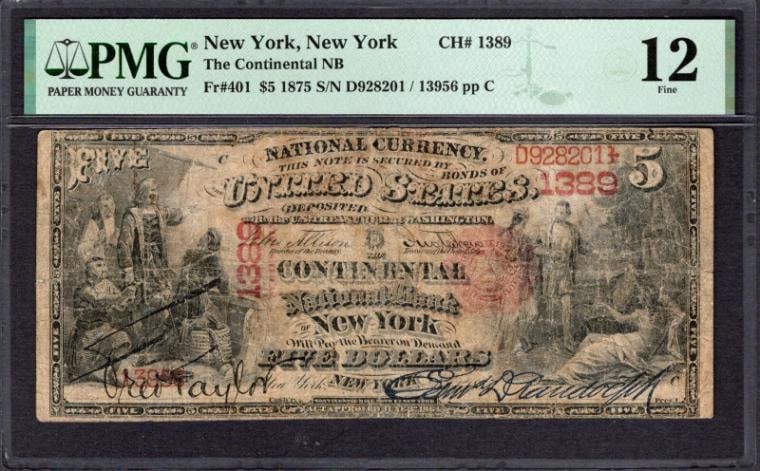 1875 $5 New York NY National PMG 12: One 1875 $5 New York NY National PMG 12.
