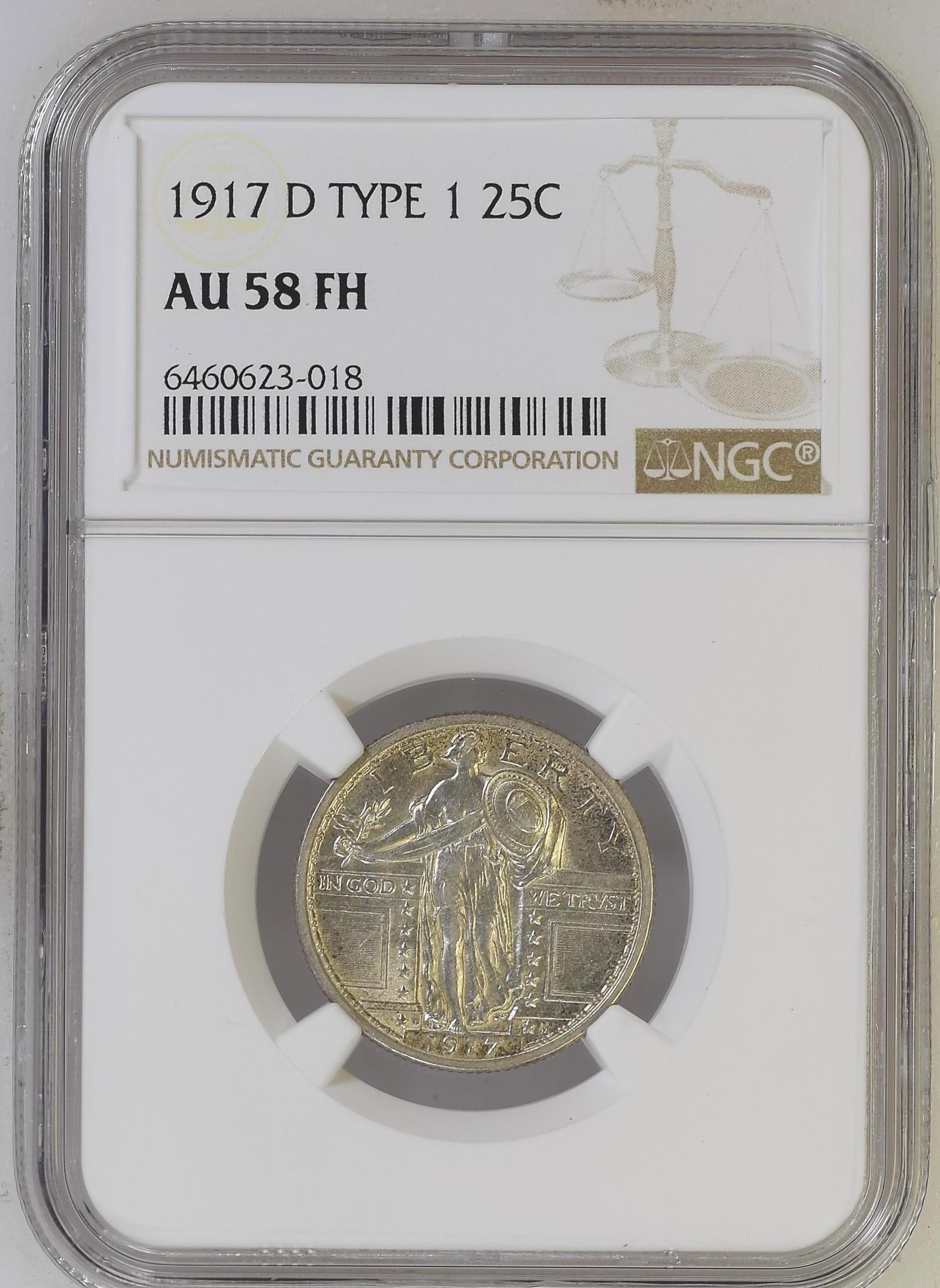 1917-D Standing Liberty Type 1 Quarter NGC AU58FH: One 1917-D Standing Liberty Type 1 Quarter NGC AU58FH.