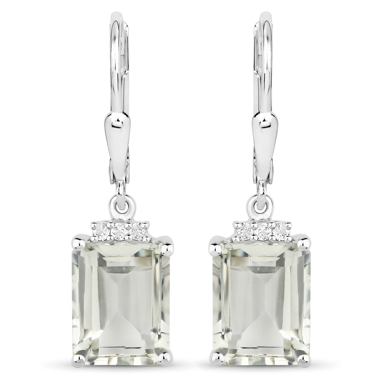 Plated Rhodium 7.23ctw Green Amethyst and White Topaz Earrings: These rhodium?plated .925 sterling silver earrings showcase a bold 7.23 ctw of natural gemstones, led by two large 10×8 mm octagon?cut green amethysts totaling 7.10 ctw. Six 1.50 mm natural white top