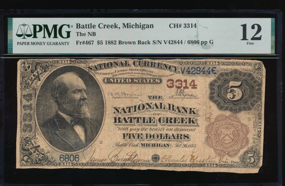 1882 $5 Battle Creek MI National PMG 12: One 1882 $5 Battle Creek MI National PMG 12.
