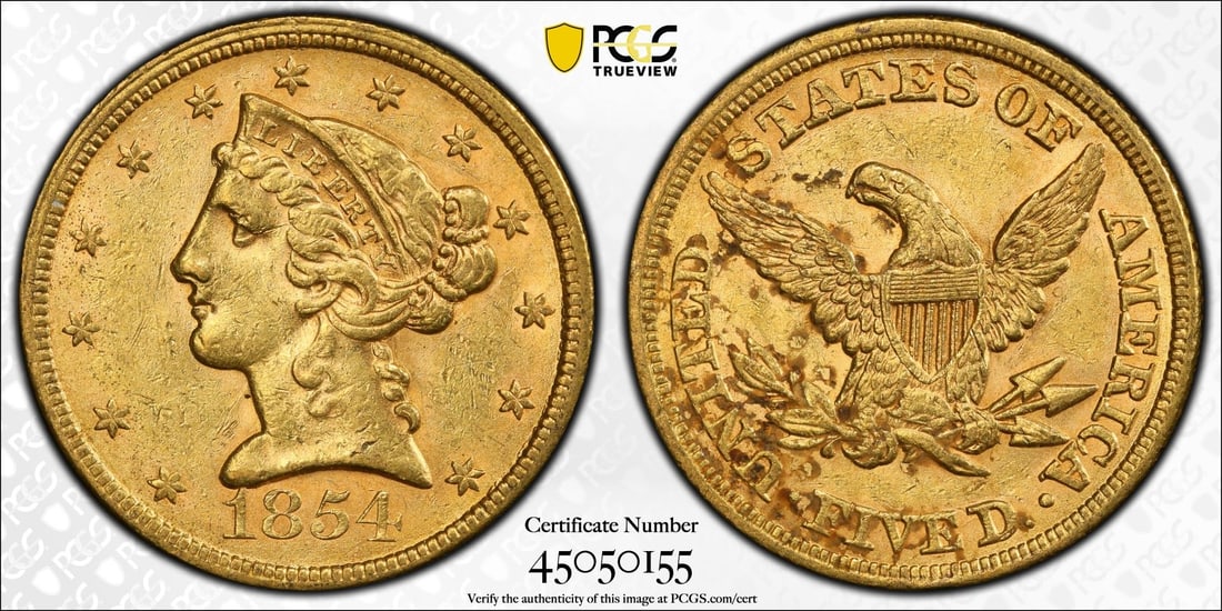 1854 $5 Liberty Head Half Eagle Gold Coin PCGS AU58: One 1854 $5 Liberty Head Half Eagle Gold Coin PCGS AU58.