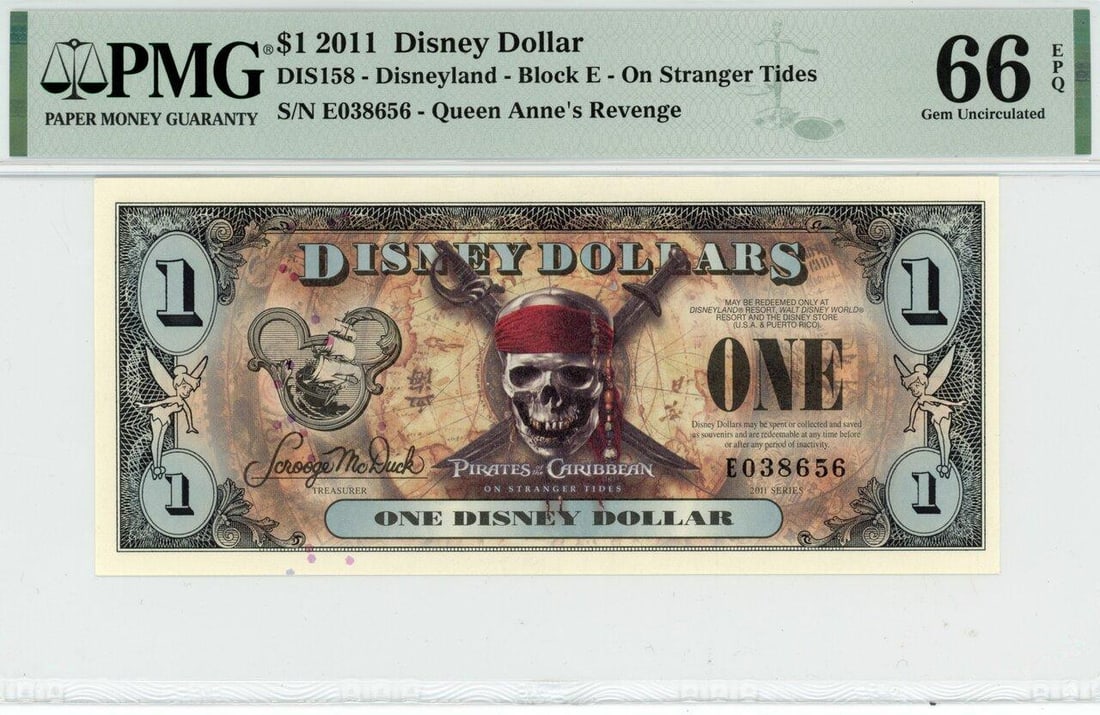2011 $1 Stranger Tides Disney Dollar PMG 66EPQ: One 2011 $1 Stranger Tides Disney Dollar PMG 66EPQ.
