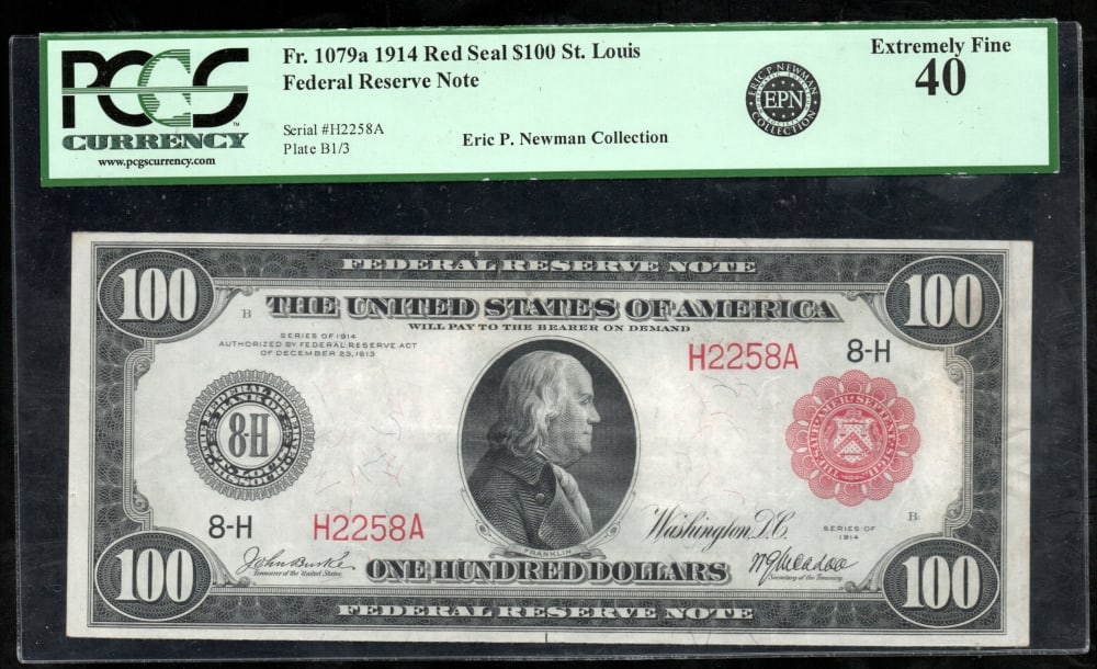 1914 $100 Red Seal St Louis FRN PCGS 40: One 1914 $100 Red Seal St Louis FRN PCGS 40.