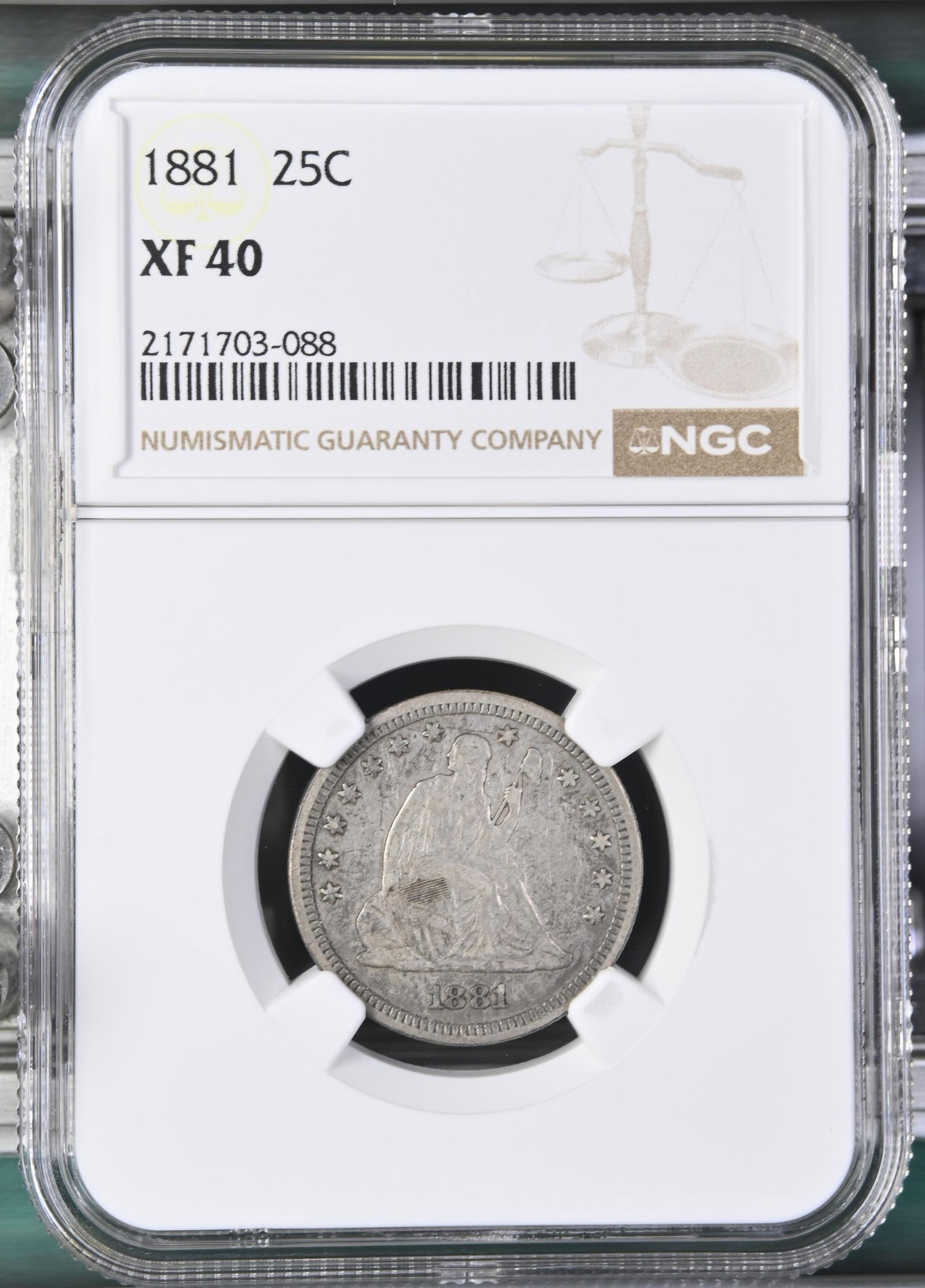 1881 Seated Liberty Quarter NGC XF40: One 1881 Seated Liberty Quarter NGC XF40.