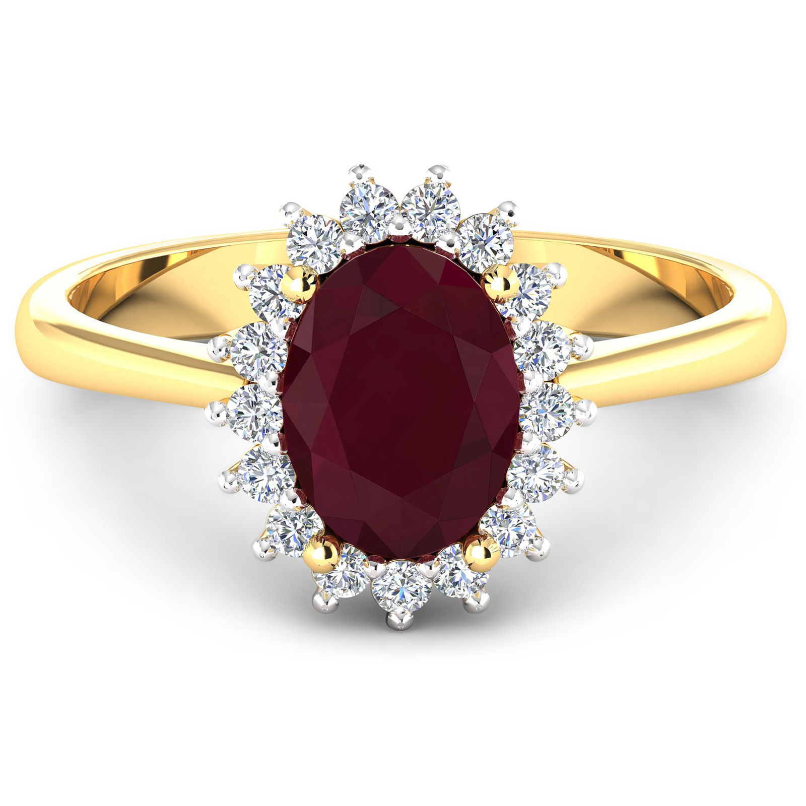 14KT Yellow Gold 2.30ct Ruby and Diamond Ring: 1 Ruby with a total weight of 2.30cts. Ruby (AA) Oval 9x7mm - 1Pc + White Diamond F/C Round 1.40mm - 20Pcs (I1-I2/I color). 0.22cts of Diamonds. Total weight of this ring is 2.66 grams. Ring size 7.