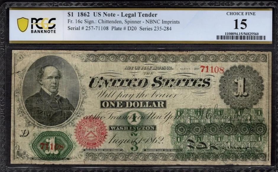 1862 $1 Legal Tender Note PCGS 15: One 1862 $1 Legal Tender Note PCGS 15.