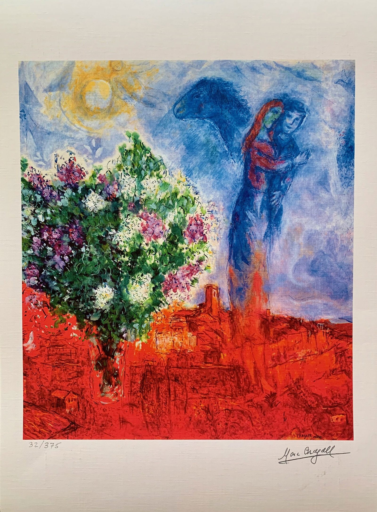 Marc Chagall COUPLE ABOVE ST PAUL Facsimile Signed Limited Edition Giclee: This is a Marc Chagall limited edition giclee titled COUPLE ABOVE ST PAUL. This subject is facsimile signed which means it has a copy of Chagalls signature. Numbered from a limited edition of 375.