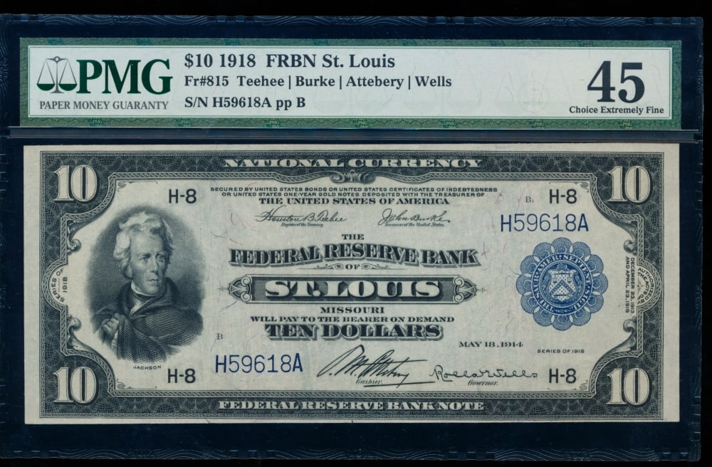 1918 $10 Chicago FRBN PMG 45: One 1918 $10 Chicago FRBN PMG 45.