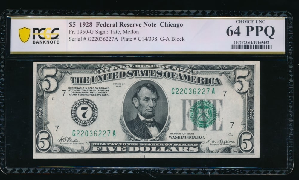 1928 $5 Chicago FRN PCGS 64PPQ: One 1928 $5 Chicago FRN PCGS 64PPQ.