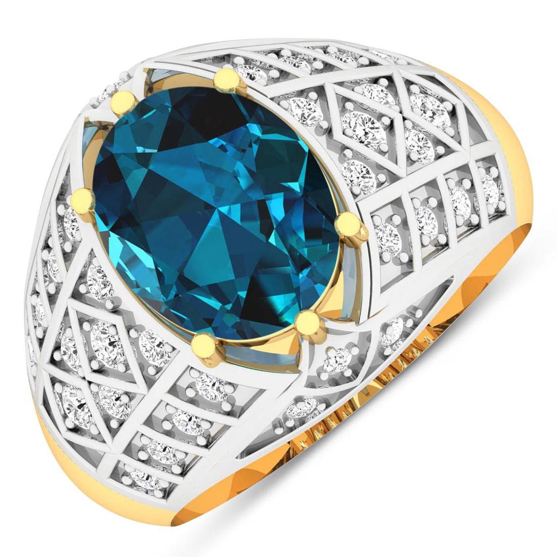 14KT Yellow Gold 2.7ctw London Blue Topaz and Diamond Ring: London Blue Topaz Oval 10x8mm - 1Pc + White Diamond F/C Round 1.80mm - 4Pcs + White Diamond F/C Round 1.50mm - 8Pcs + White Diamond F/C Round 1.30mm - 16Pcs + White Diamond F/C Round 1.20mm - 6Pcs (