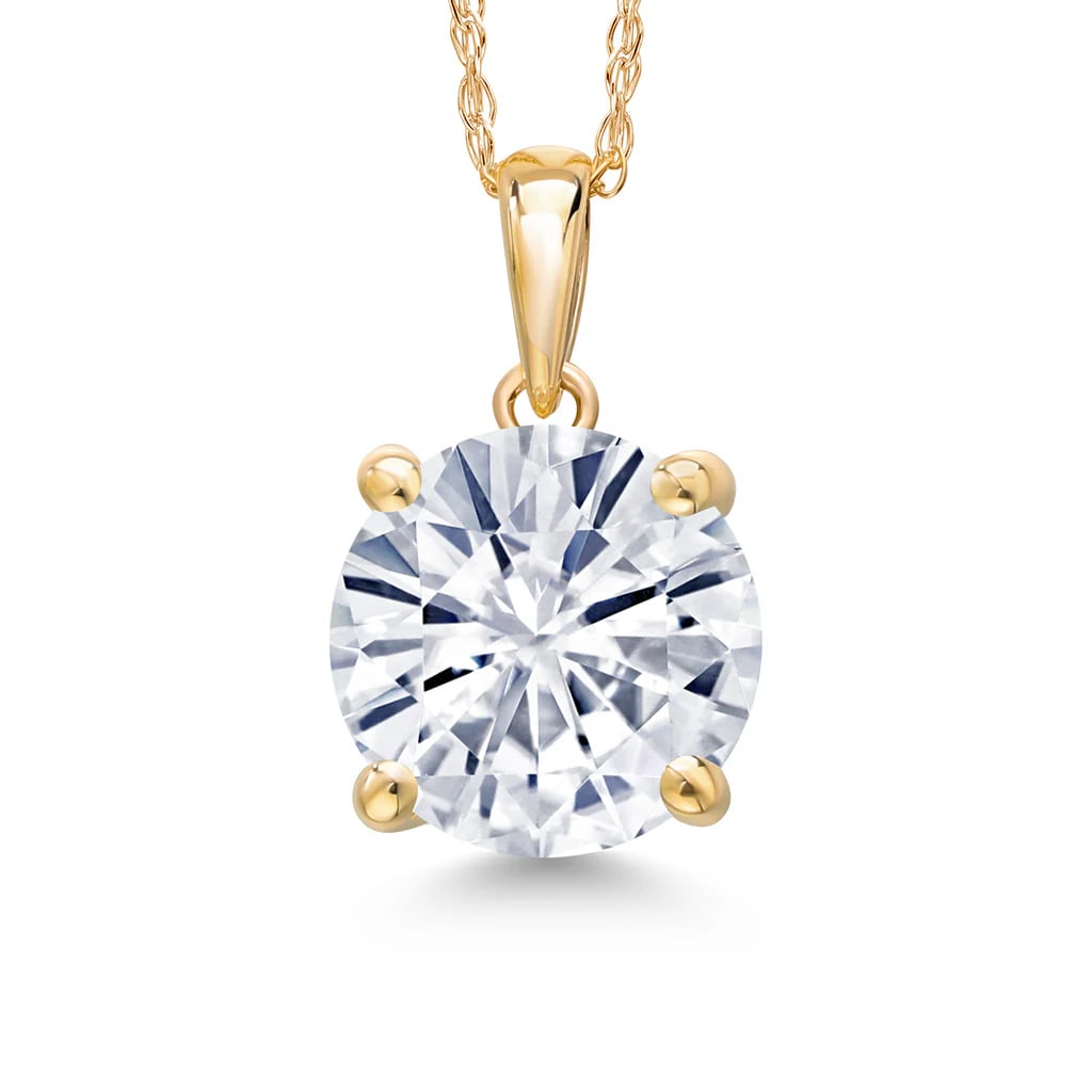 Plated 14KT Yellow Gold 4.00ct Moissanite Pendant with Chain: One round Moissanite stone with a total weight of 4.00cts measuring 9x9mm. Near colorless (GH). 18 inch chain.