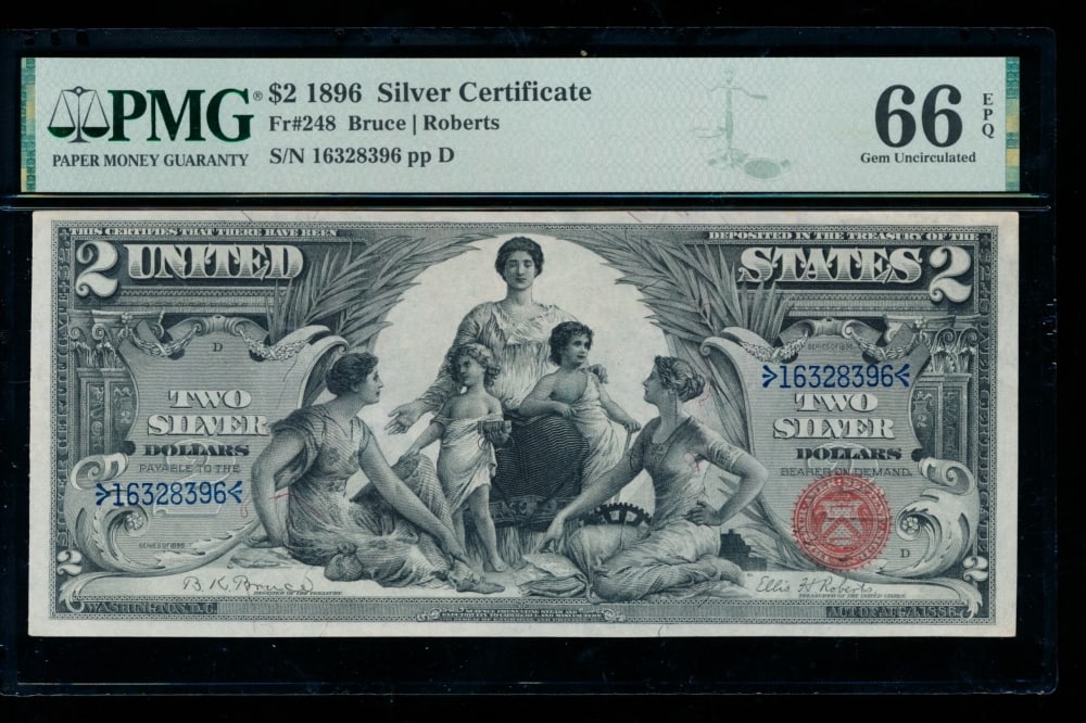 1896 $2 Educational Silver Certificate PMG 66EPQ: One 1896 $2 Educational Silver Certificate PMG 66EPQ.