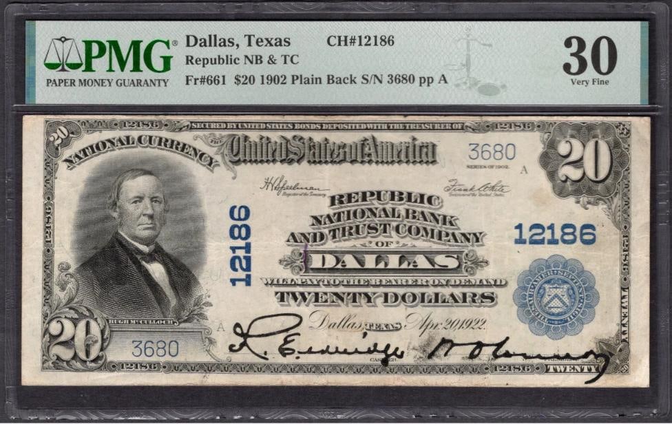 1902 $20 Dallas TX National PMG 30: One 1902 $20 Dallas TX National PMG 30.