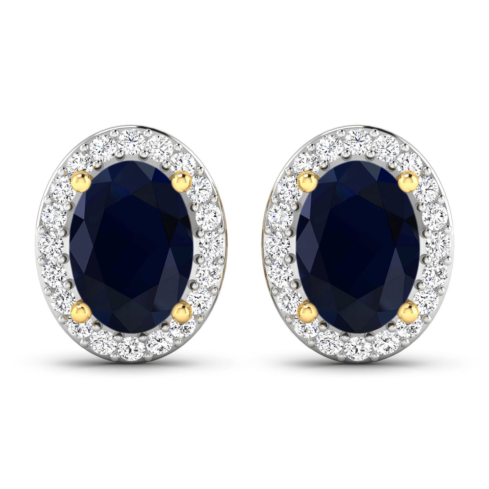 14KT Yellow Gold 1.5ctw Blue Sapphire and Diamond Earrings: Blue Sapphire (AA) Oval 7x5mm - 2Pcs + White Diamond F/C Round 1.10mm - 40Pcs ( White Pan Rhodium ) (I1-I2/I color) ( Push Post ) Total weight of gemstones is 1.5cts. Total Diamond weight is 0.26cts.