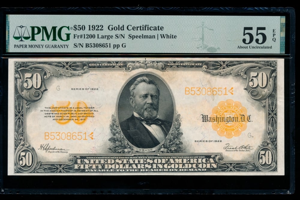 1922 $50 Gold Certificate PMG 55EPQ: One 1922 $50 Gold Certificate PMG 55EPQ.
