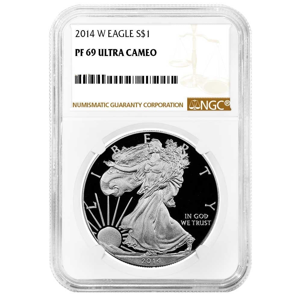 2014W $1 Proof American Silver Eagle NGC PF69UC: One 2014W $1 Proof American Silver Eagle NGC PF69UC.