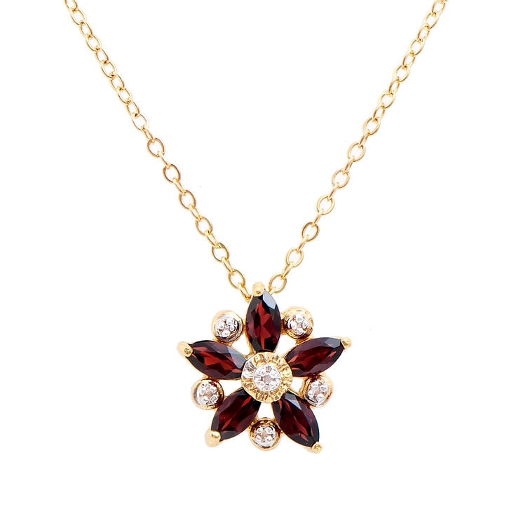 Plated 18KT Yellow Gold 0.85cts Garnets and Diamond Necklace: One Plated 18KT Yellow Gold 0.85cts Garnet and Diamond Necklace 18 in. (5) Brown Garnet stones with a total weight of 0.8cts. (6) diamonds with a total of 0.05cts with a color of H-I and clarity of