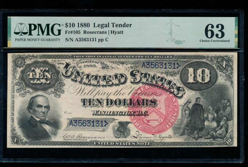 1880 $10 Jackass Legal Tender Note PMG 63: One 1880 $10 Jackass Legal Tender Note PMG 63.