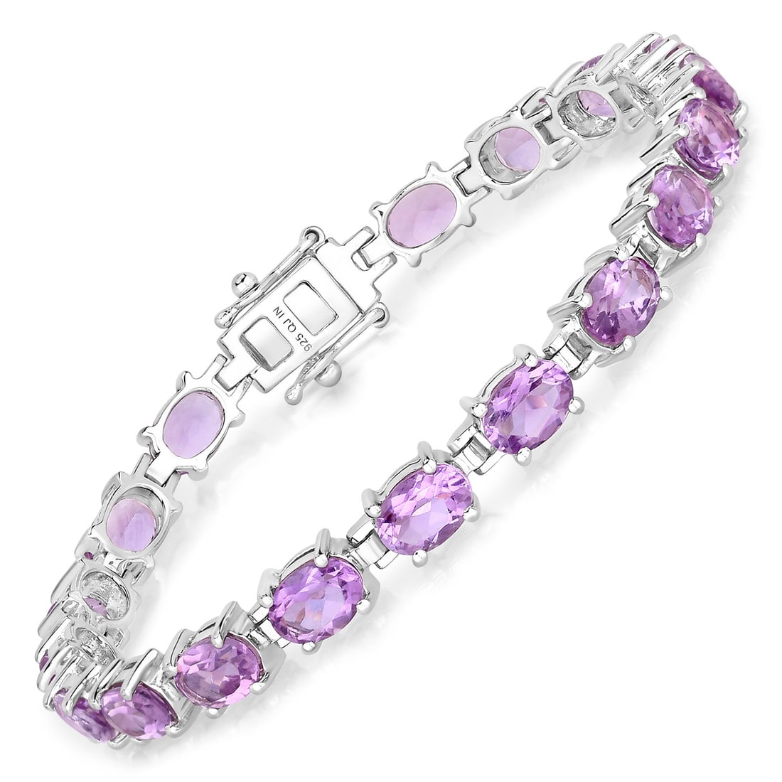Plated Rhodium 14.40ctw Amethyst Bracelet: This rhodium?plated .925 sterling silver tennis bracelet showcases a bold 14.40 ctw of natural, untreated amethyst, featuring eighteen 7×5 mm oval stones set in secure prongs for rich