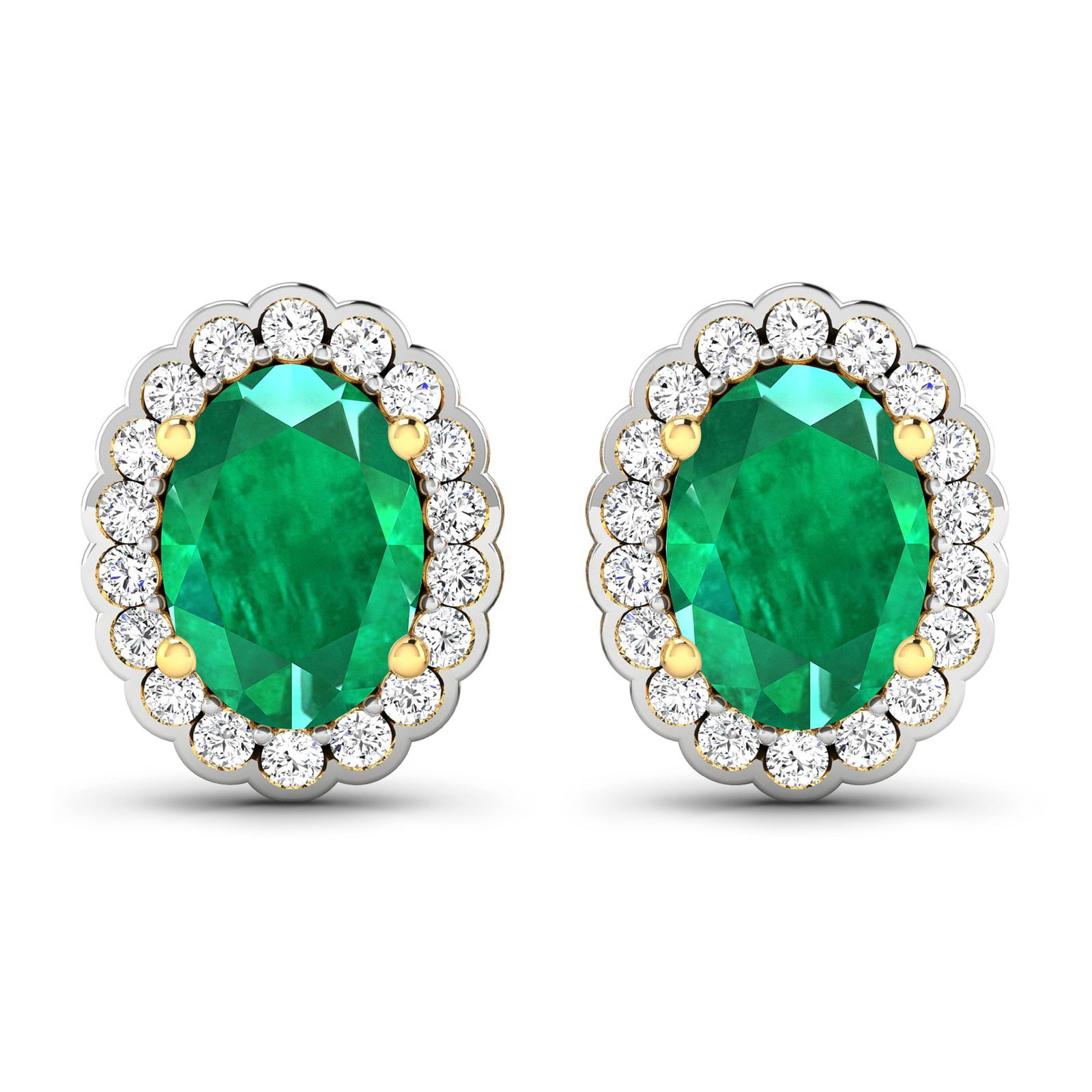 14KT Yellow Gold 1.12ctw Zambian Emerald and Diamond Earrings: Zambian Emerald (AA) Oval 7x5mm - 2Pcs + White Diamond F/C Round 1.20mm - 36Pcs (I1-I2/I color) ( Push Post ) Total weight of gemstones is 1.12cts. Total Diamond weight is 0.28cts. Total weight of