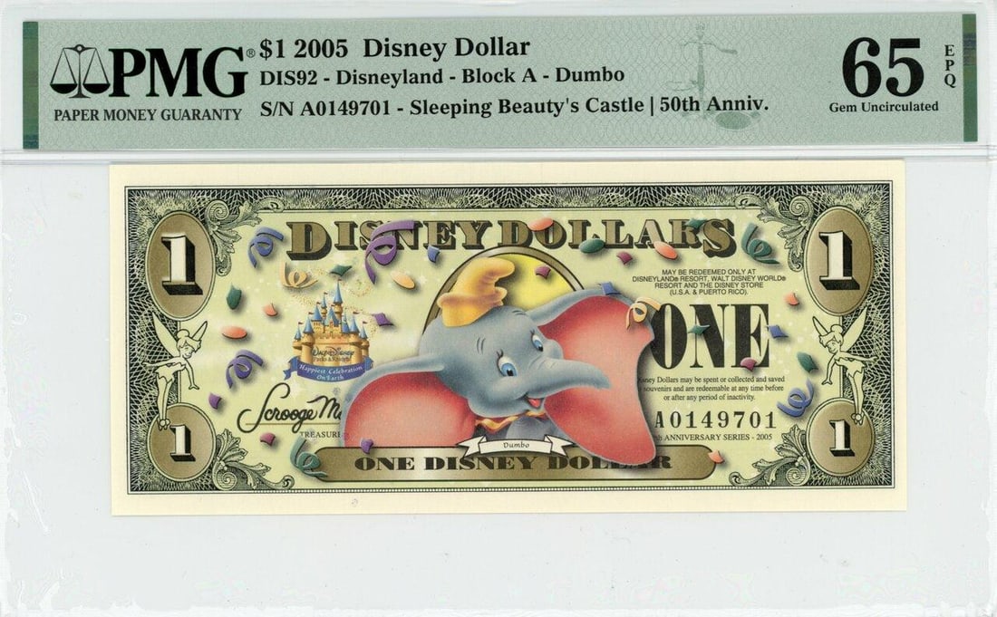 2005 $1 Dumbo Disney Dollar PMG 65EPQ: One 2005 $1 Dumbo Disney Dollar PMG 65EPQ.