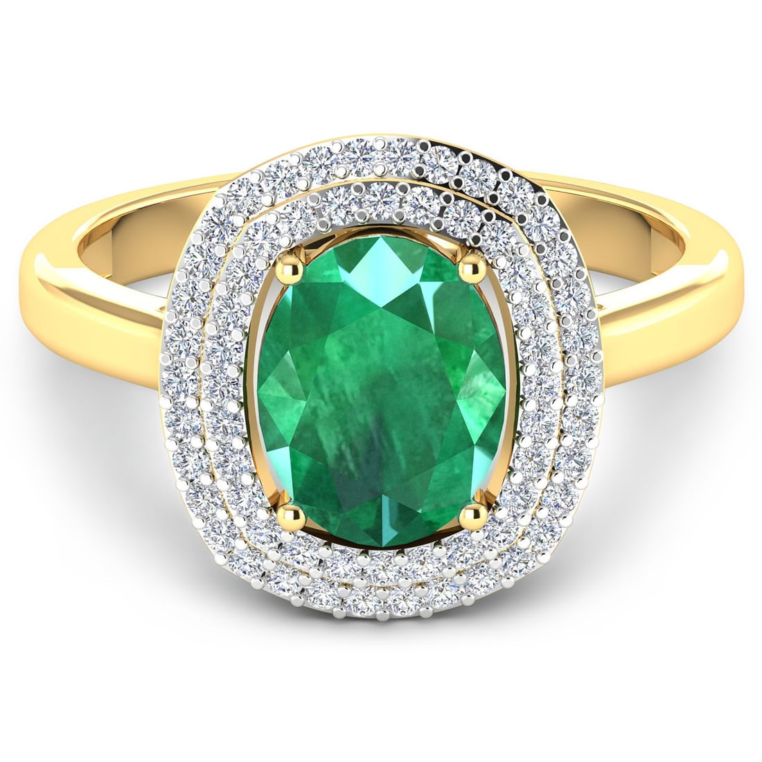 14KT Yellow Gold 1.53ct Zambian Emerald and Diamond Ring: 1 Zambian Emerald with a total weight of 1.53cts. Zambian Emerald (AA) Oval 9x7mm - 1Pc + White Diamond F/C Round 1.00mm - 62Pcs (I1-I2/I color). 0.28cts of Diamonds. Total weight of this ring is